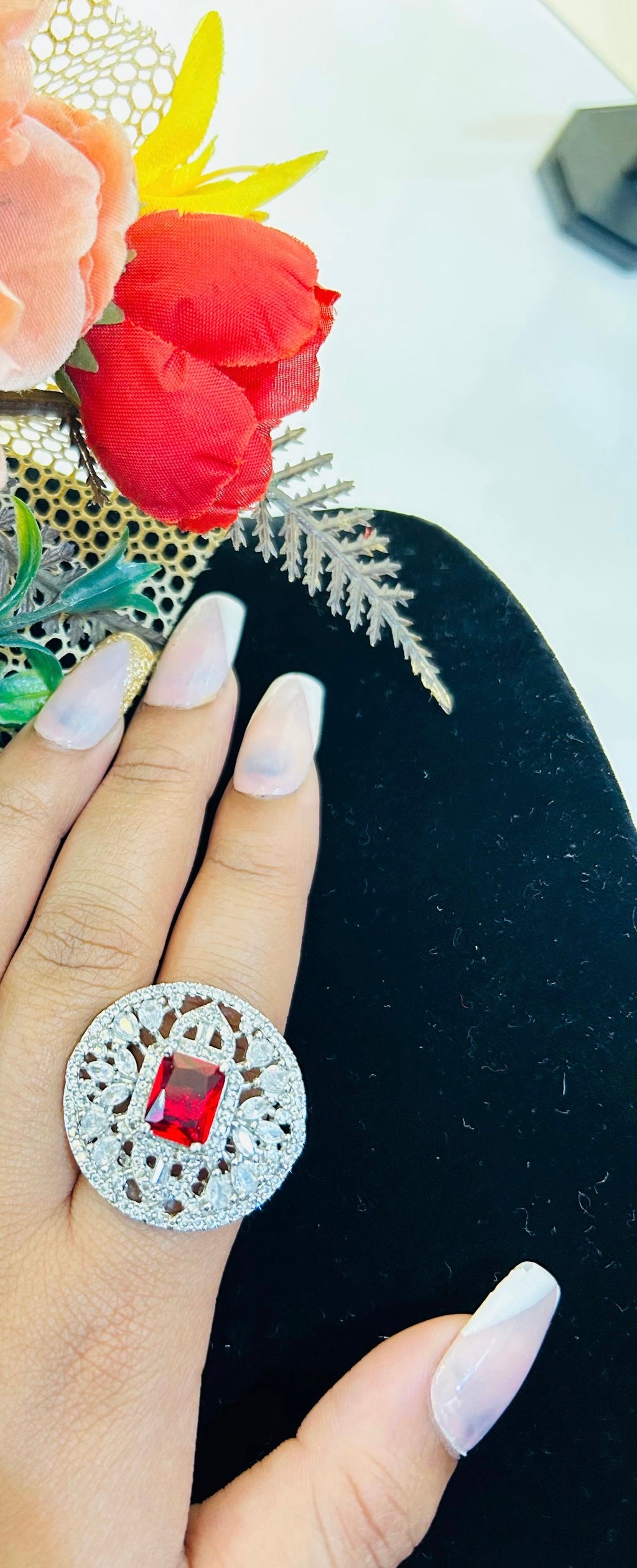 American red diamond circular ring